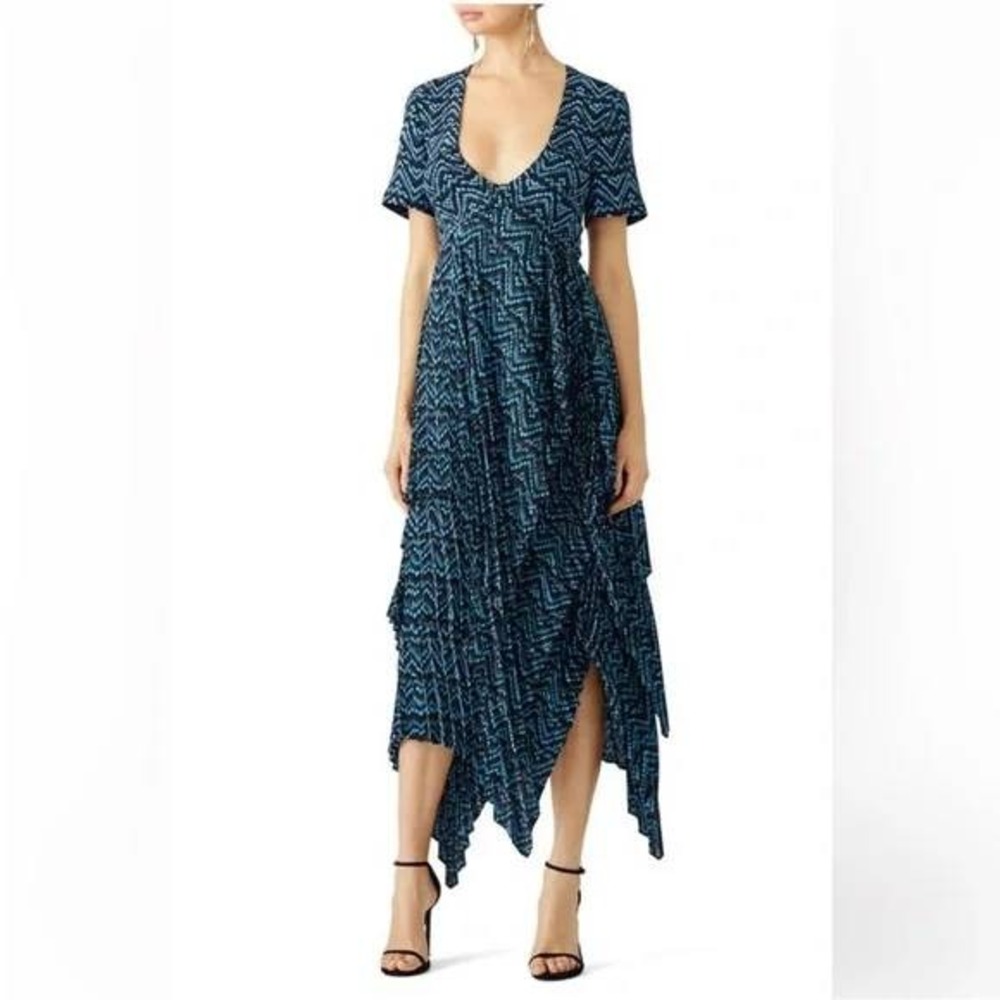 A.L.C. Kylia Silk Printed V-Neck Handkerchief Hem Midi Dress Black Blue 2